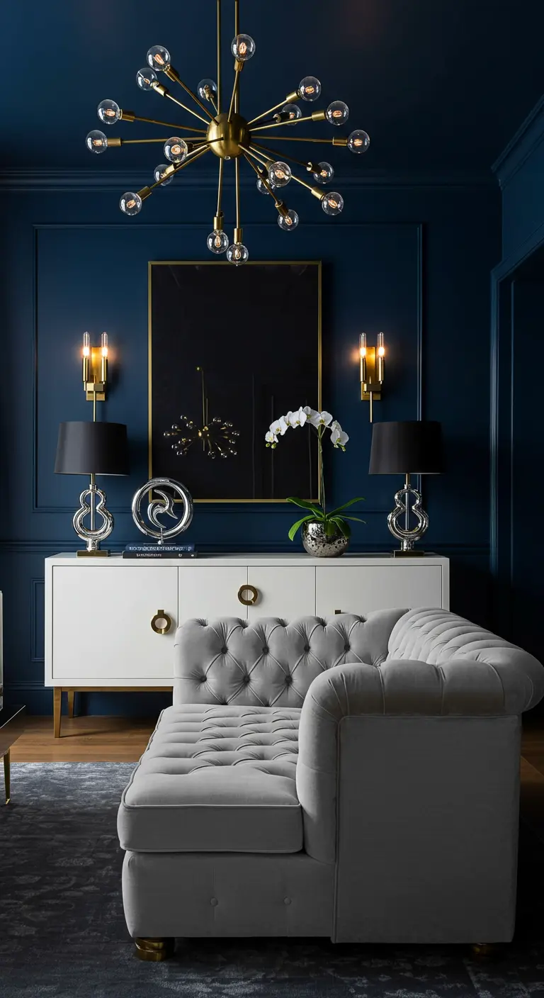 Deep navy blue living room with a white console and a grey tufted velvet chaise.