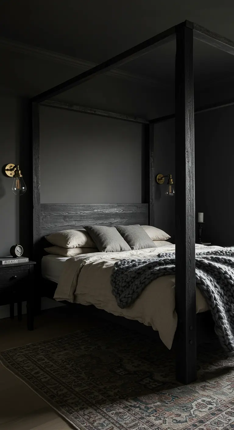 Moody dark gray bedroom with a four-poster bed and warm bedside lighting.