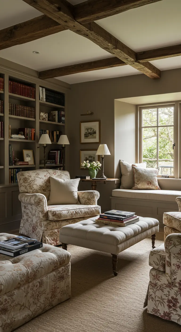 English country library with built-in bookshelves and floral slipcover armchairs.