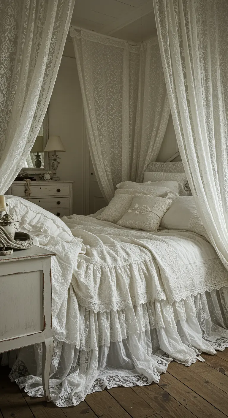 An ethereal bedroom look created with layers upon layers of white and cream lace fabrics.