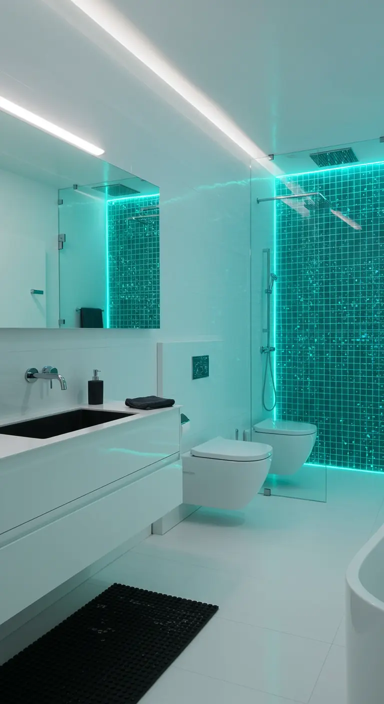 All-white bathroom with a glass shower wall featuring an illuminated cyan grid pattern.