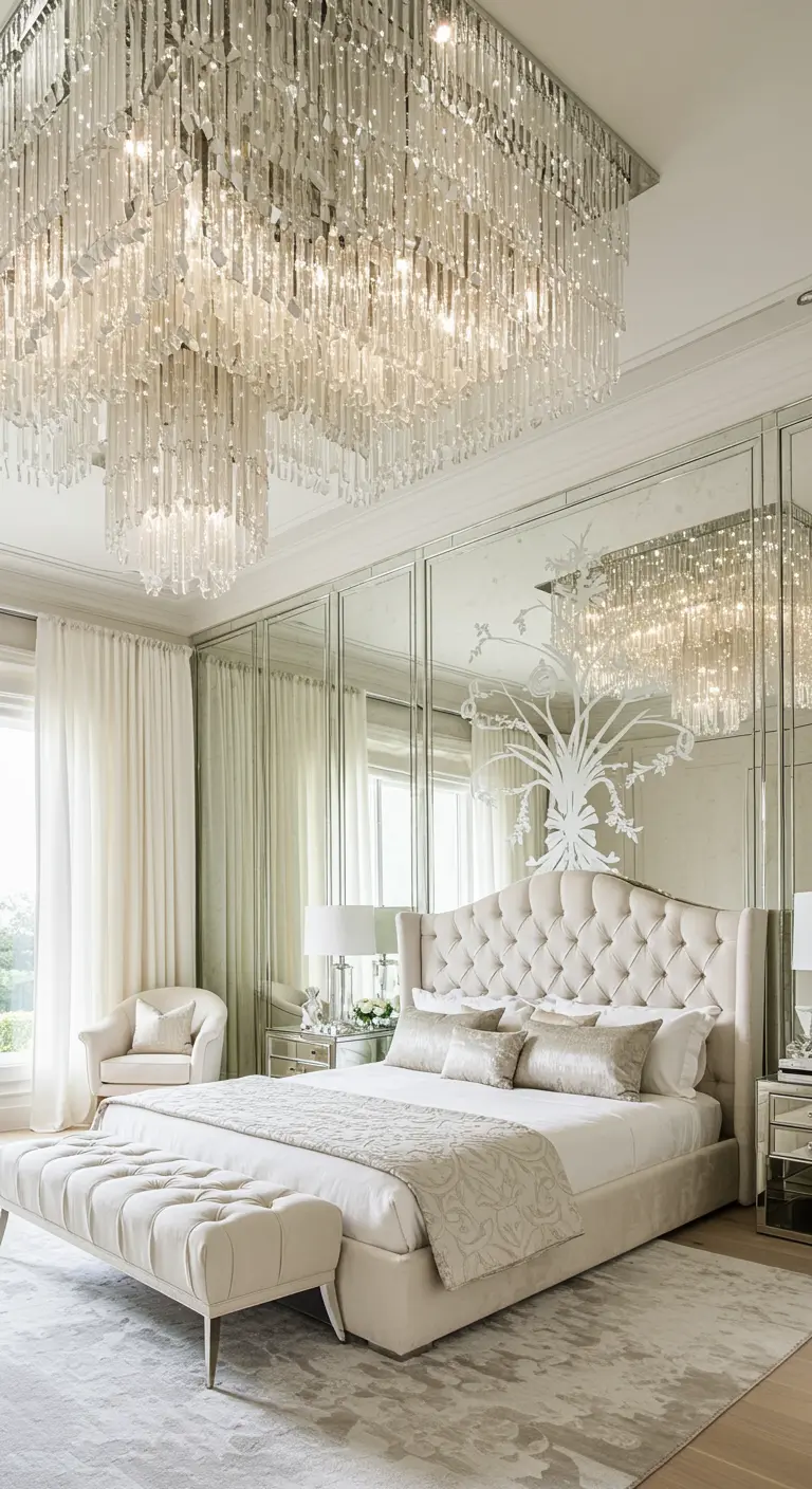 All-white Art Deco bedroom with a tufted bed, a large crystal chandelier, and an etched mirror wall.