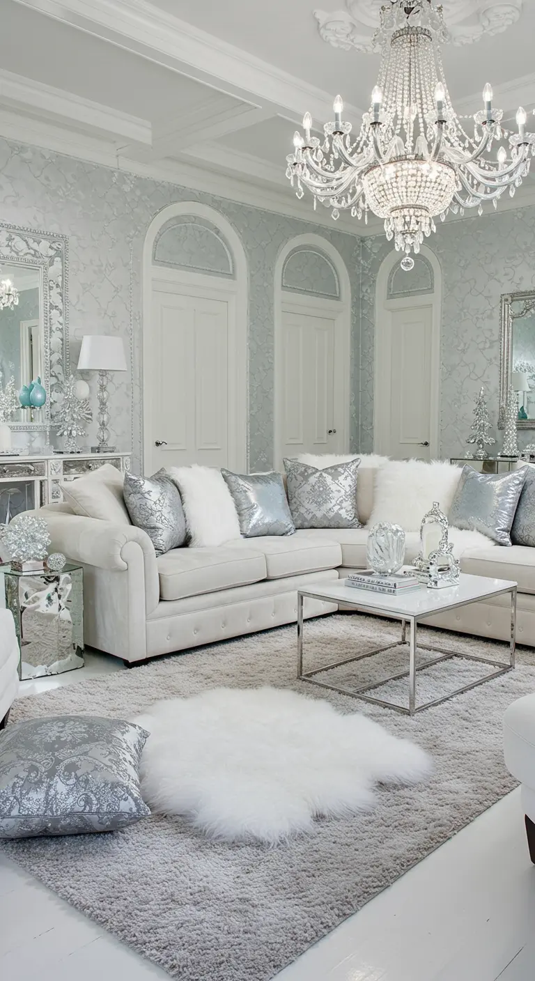 Cream sofa with silver and white pillows in a glamorous room with a crystal chandelier.