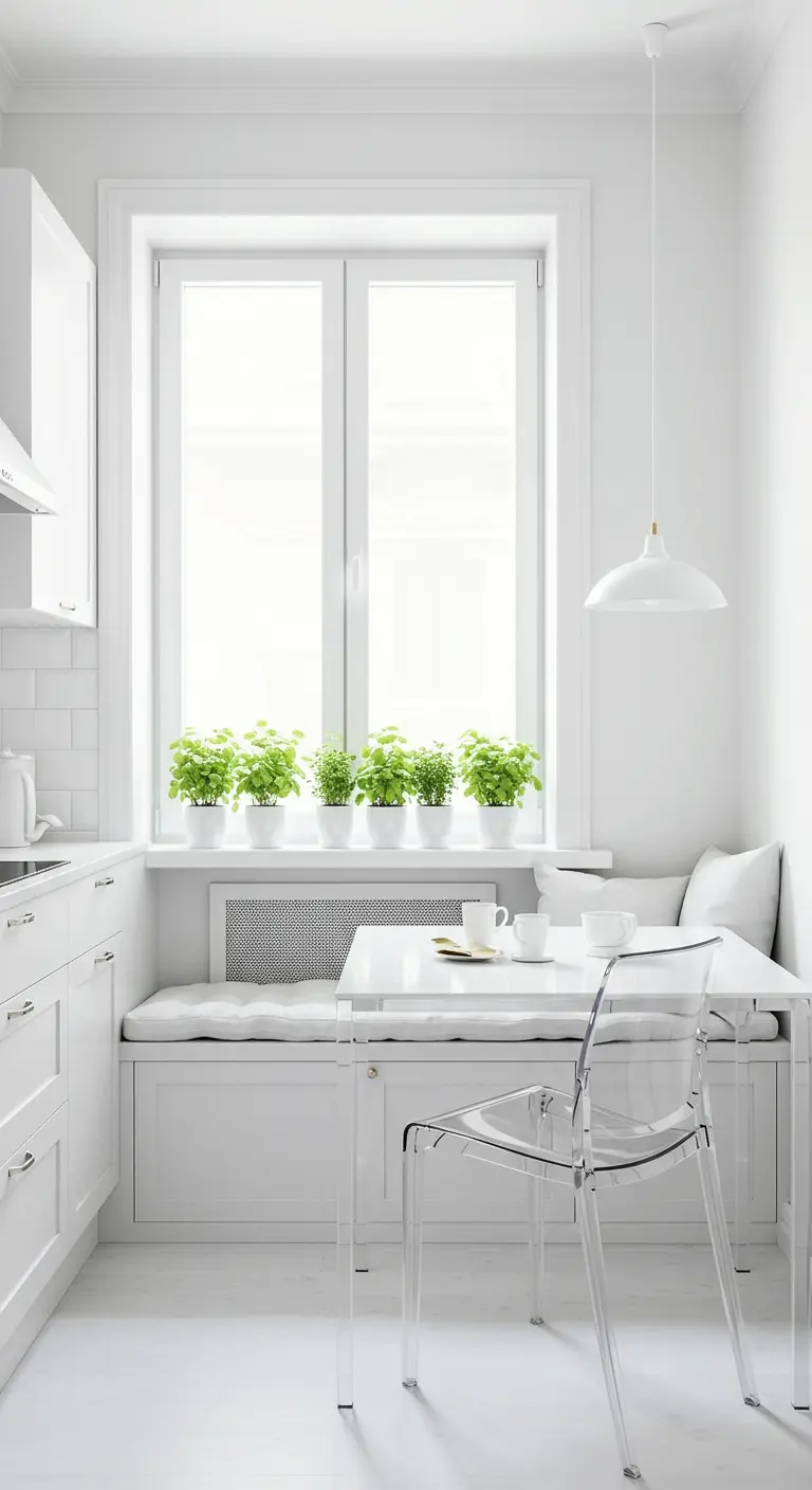 All-white kitchen with a window seat and a clear acrylic chair.