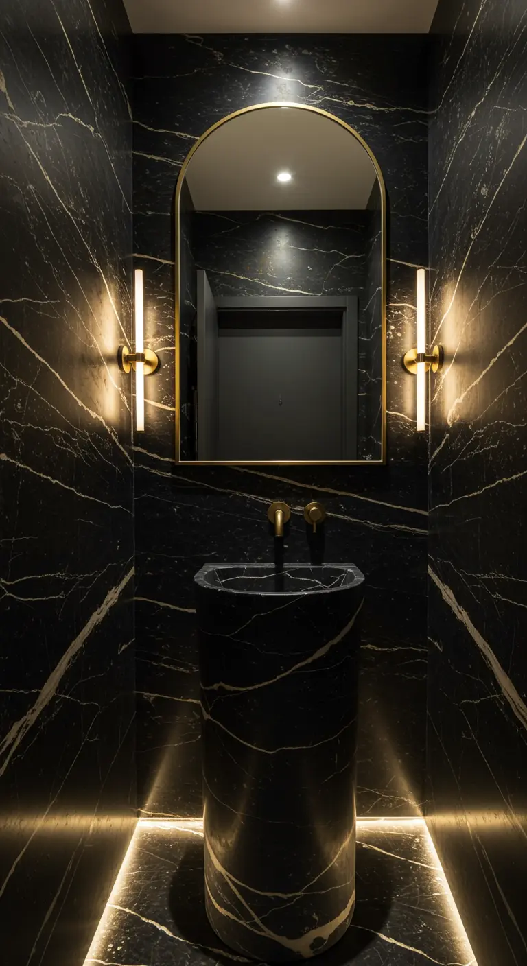 Narrow powder room with a black marble pedestal sink and horizontal floor lighting.