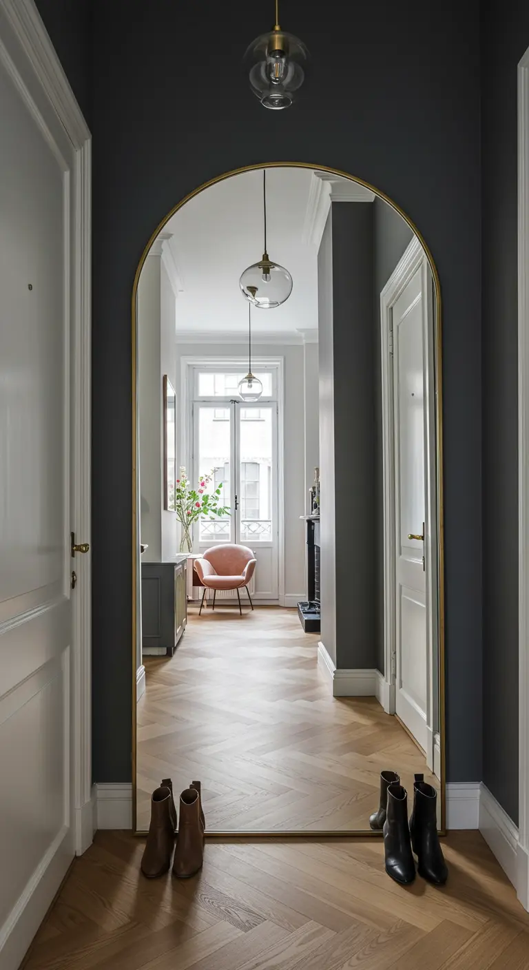A large, arched mirror at the end of a dark gray hallway reflecting a brighter room.
