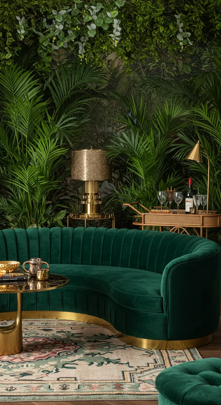 A glamorous living room with a curved green velvet sofa and a wall of tropical leaves.