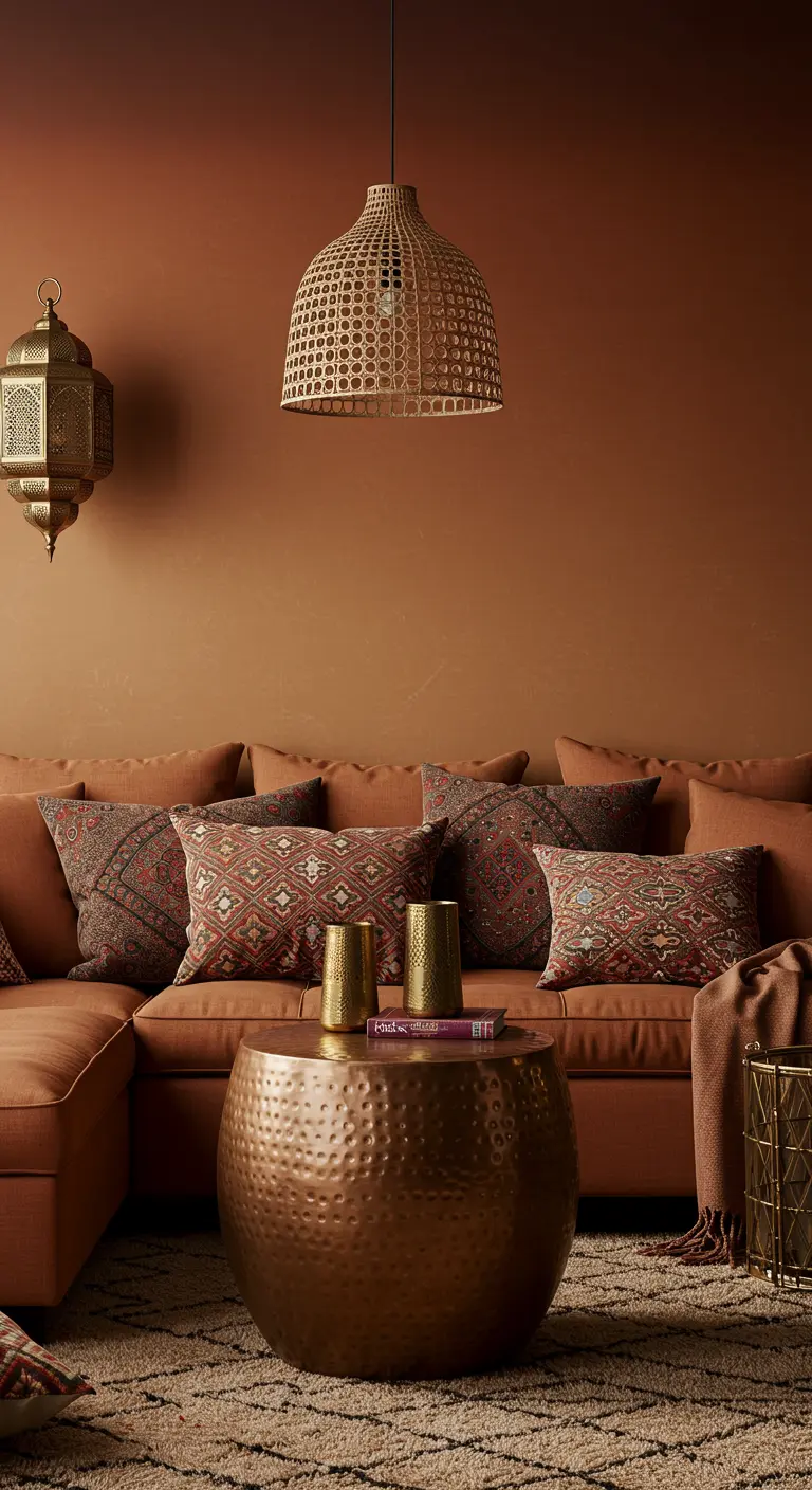 Terracotta sectional sofa in a room with matching walls and a copper coffee table.