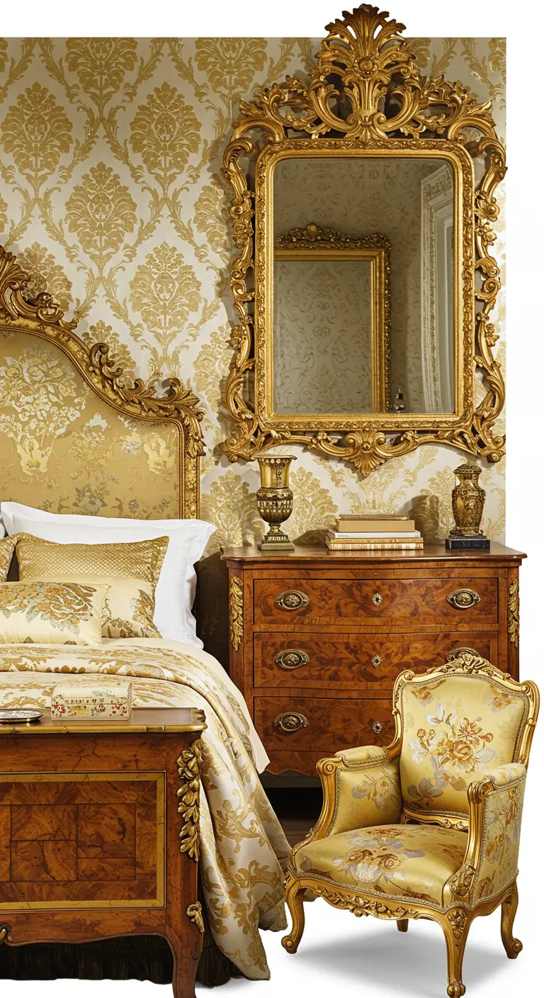 Luxurious bedroom with gold damask wallpaper and ornate gilded furniture and mirror.