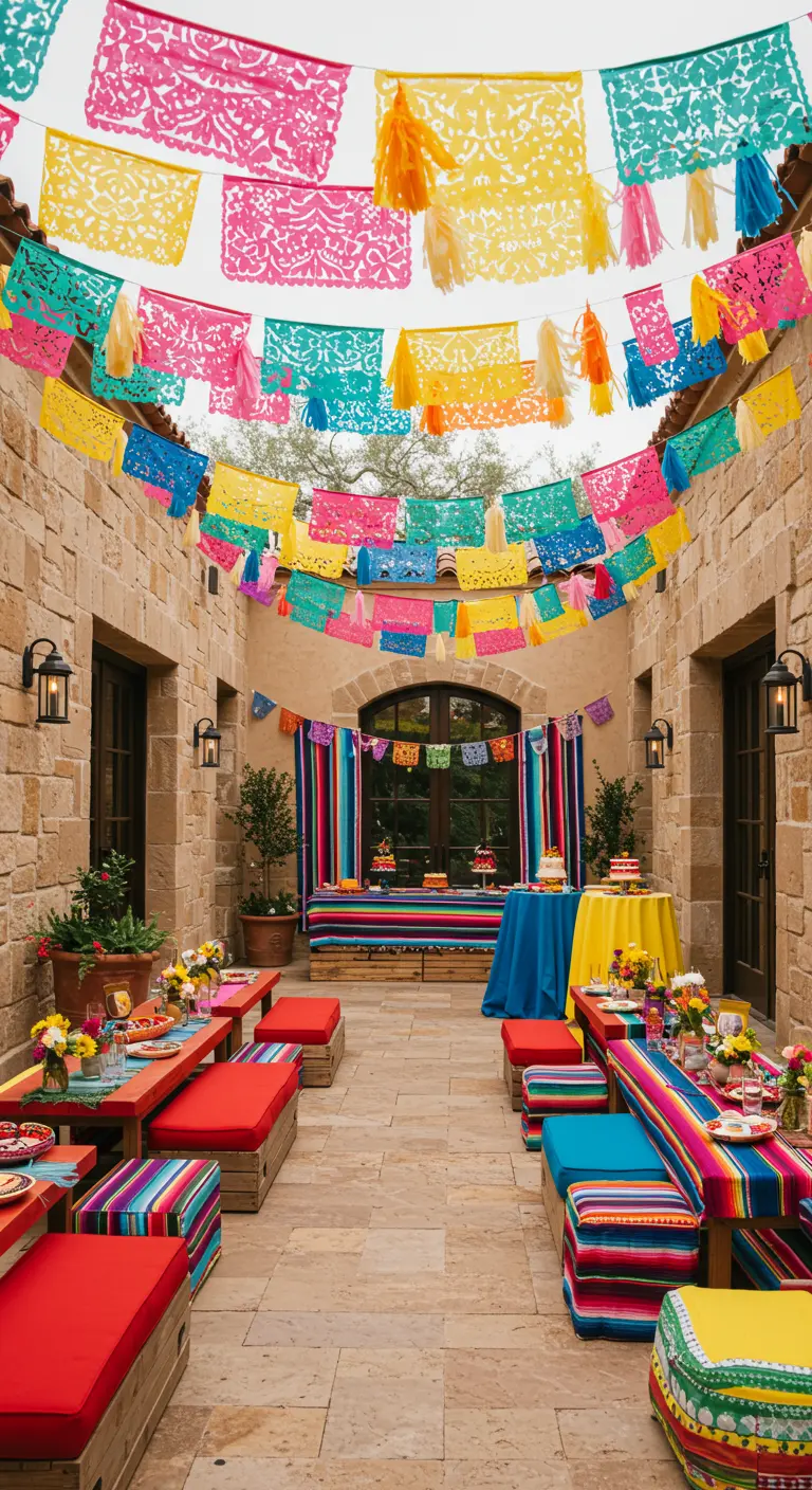 A vibrant courtyard with a ceiling of papel picado and matching colorful, low bench seating.