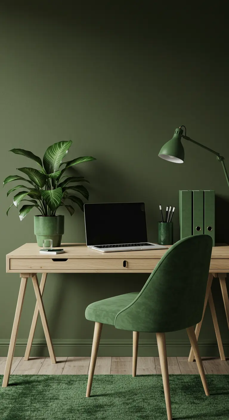 A home office with deep green walls, a matching green lamp, and a green velvet chair.