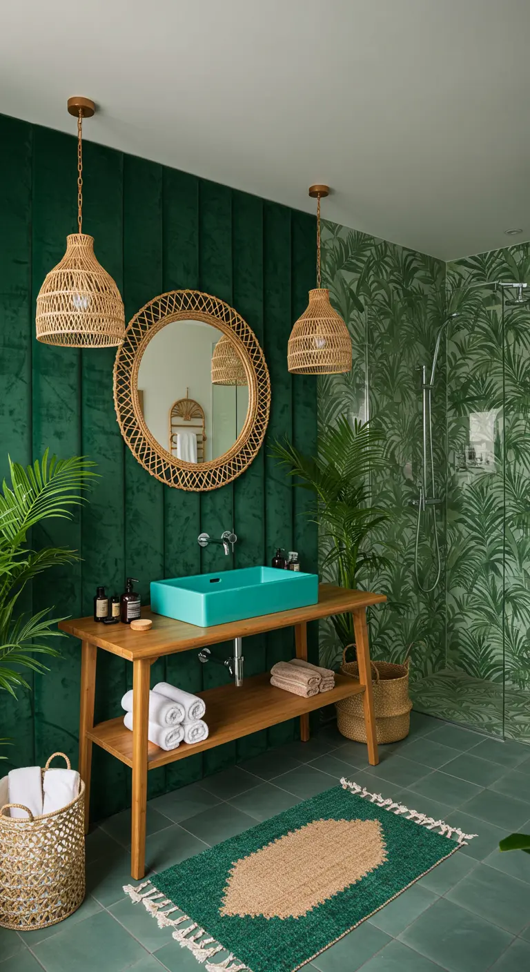 Tropical bathroom with a green velvet wall, palm-print tiles, and rattan light fixtures.