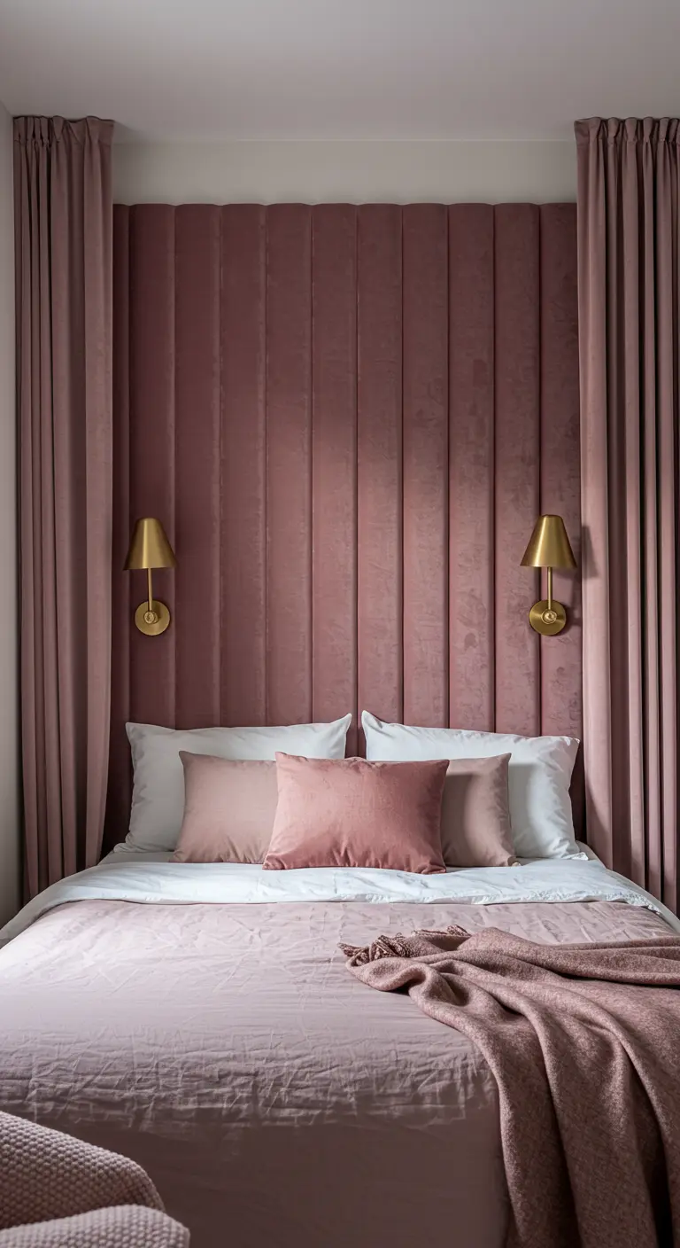 A bed with a floor-to-ceiling pink upholstered headboard and matching curtains.