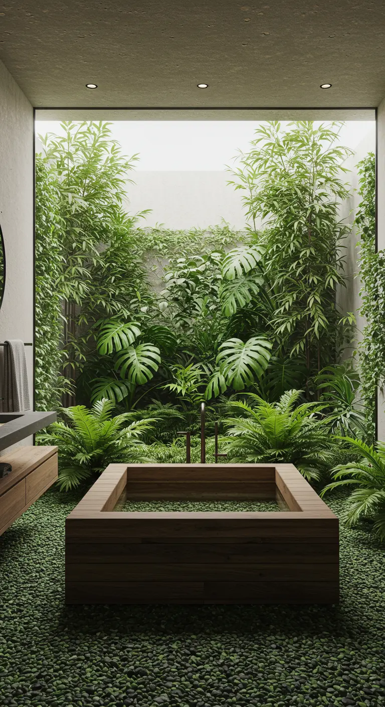 A modern wooden tub surrounded by lush greenery in an indoor atrium setting.
