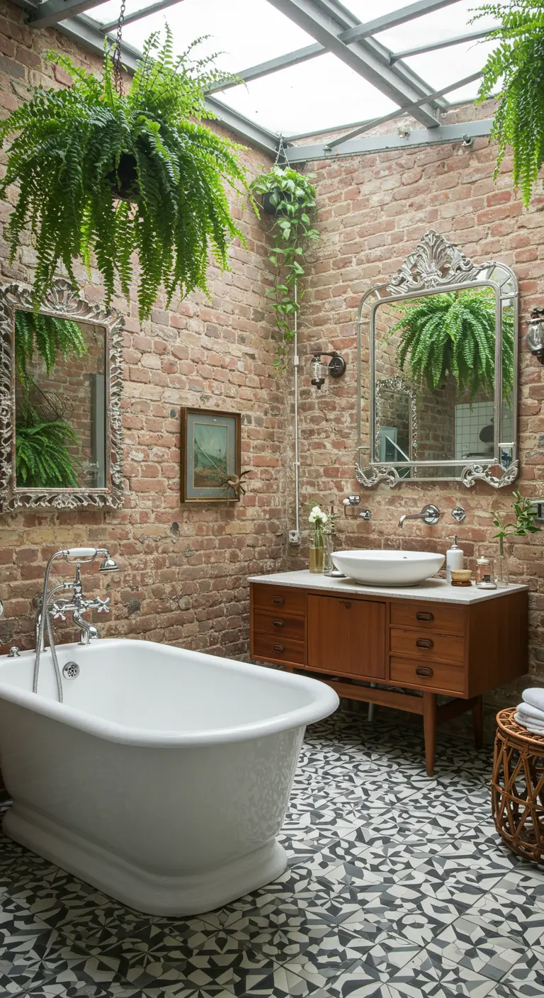 A bathroom with exposed brick walls, a skylight, hanging ferns, and graphic floor tiles.