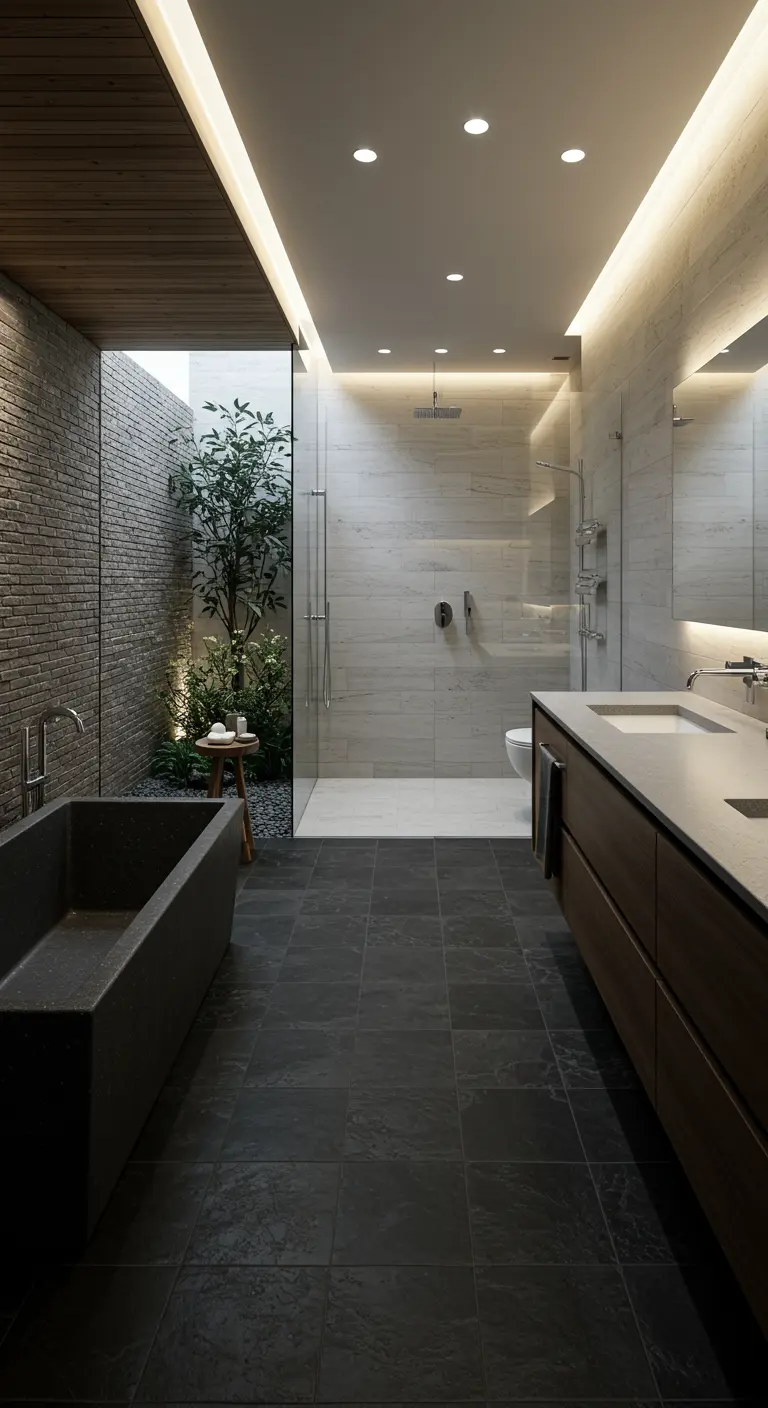 Bathroom with a glass wall looking out to a private courtyard with a tree and plants.