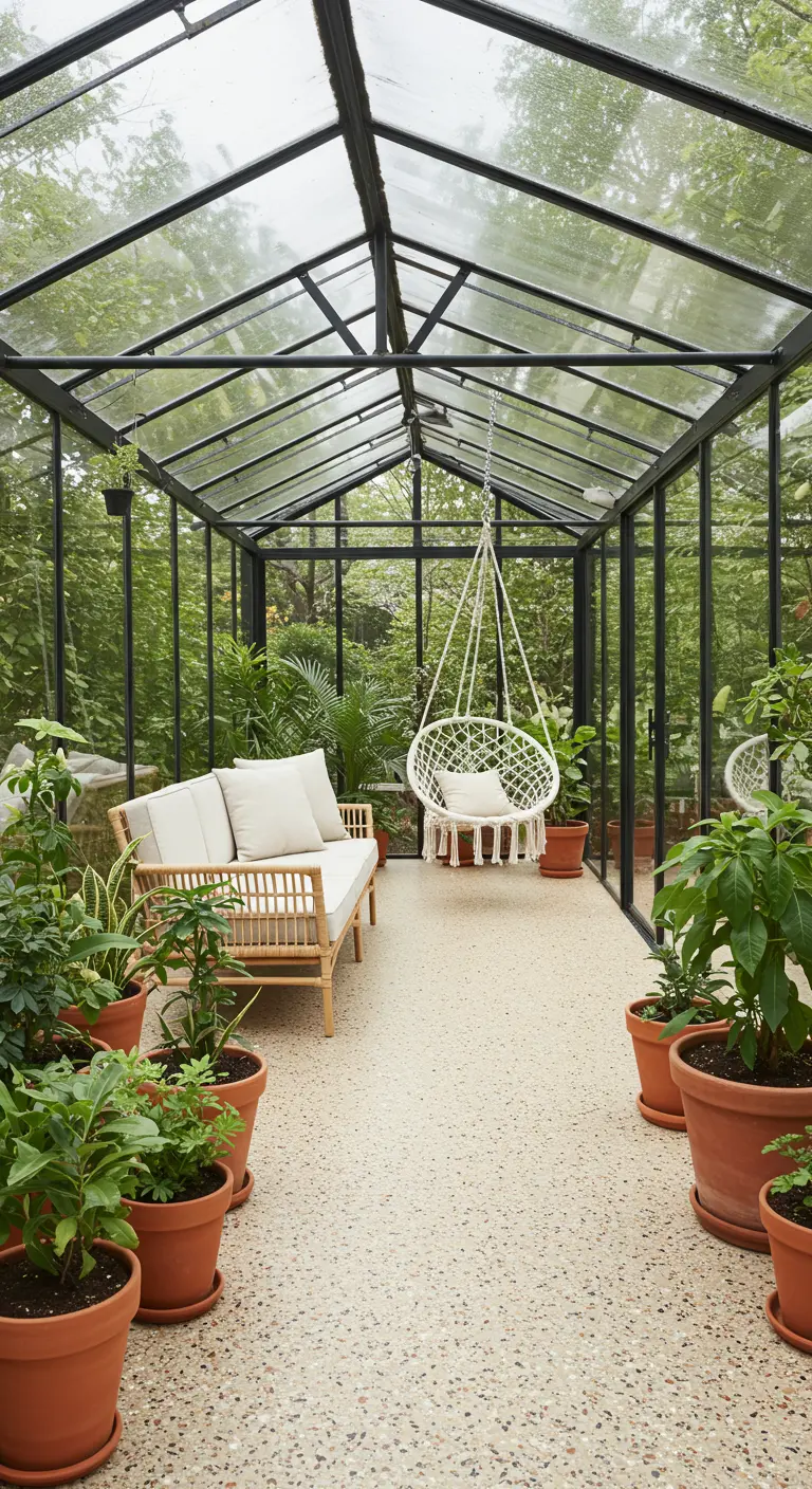A glass greenhouse filled with plants, featuring a rattan sofa and a white hanging chair.