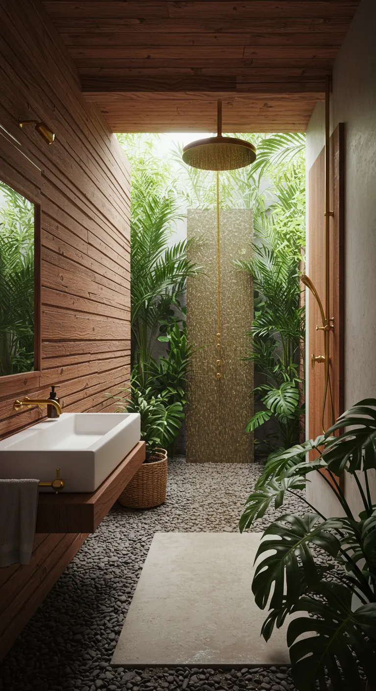 Tropical bathroom with wood walls, pebble floor, and an open shower surrounded by plants.