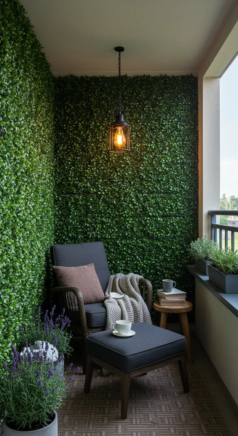 A cozy balcony nook with faux boxwood walls, a comfy chair, and potted lavender.