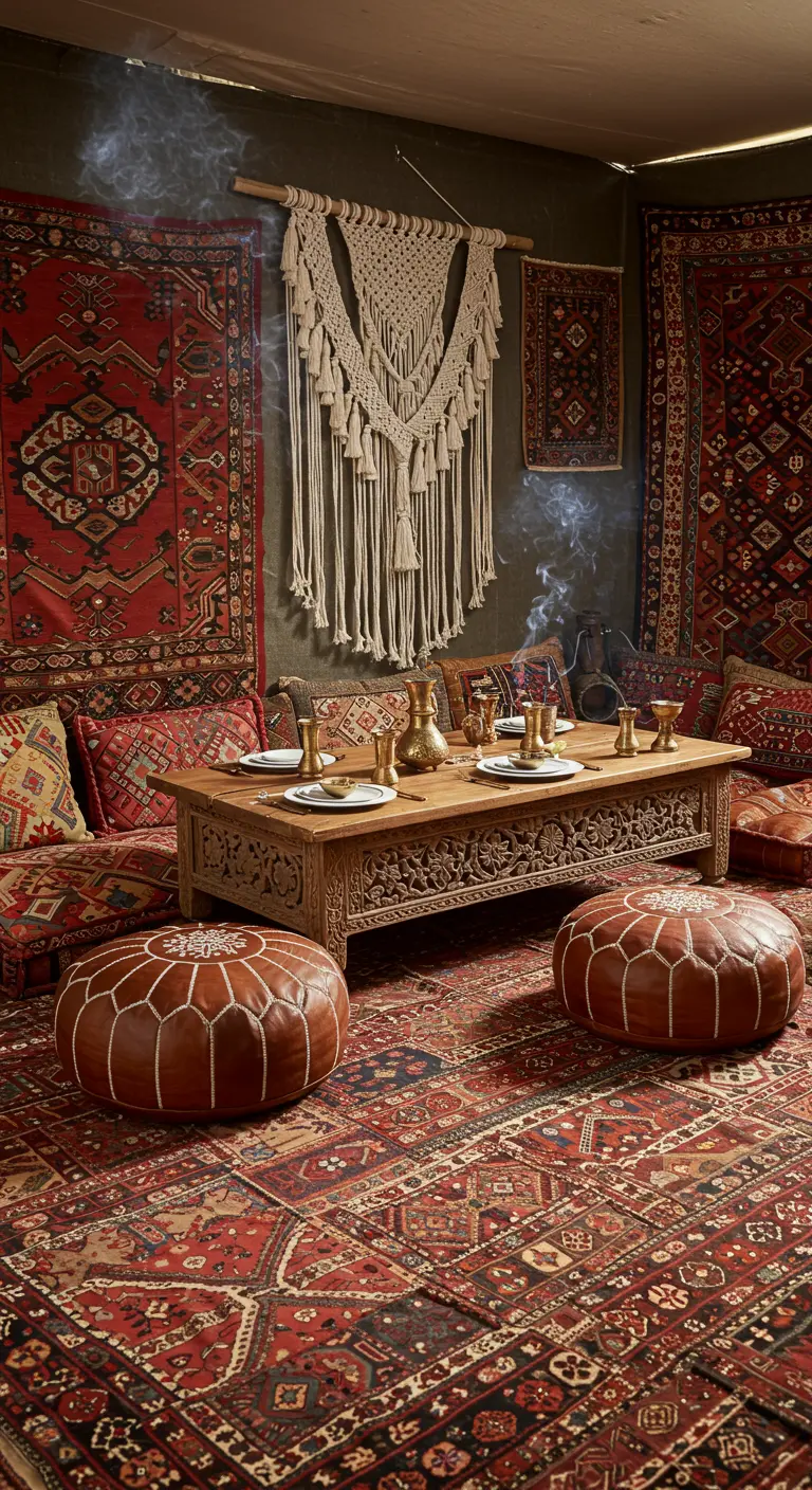 A low dining table surrounded by floor cushions and layered rugs in a bohemian-style room.