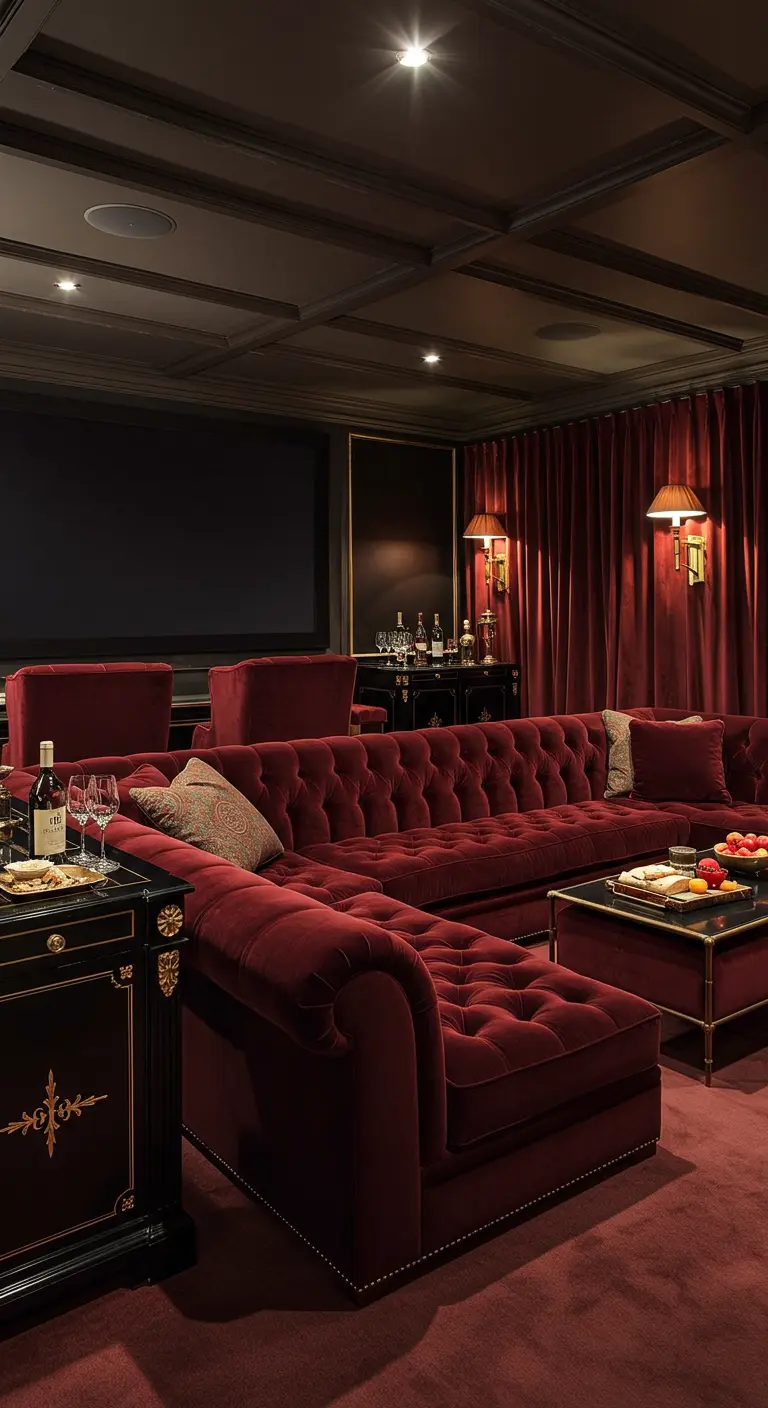 A luxurious media room with a massive red velvet tufted sectional and dark walls.