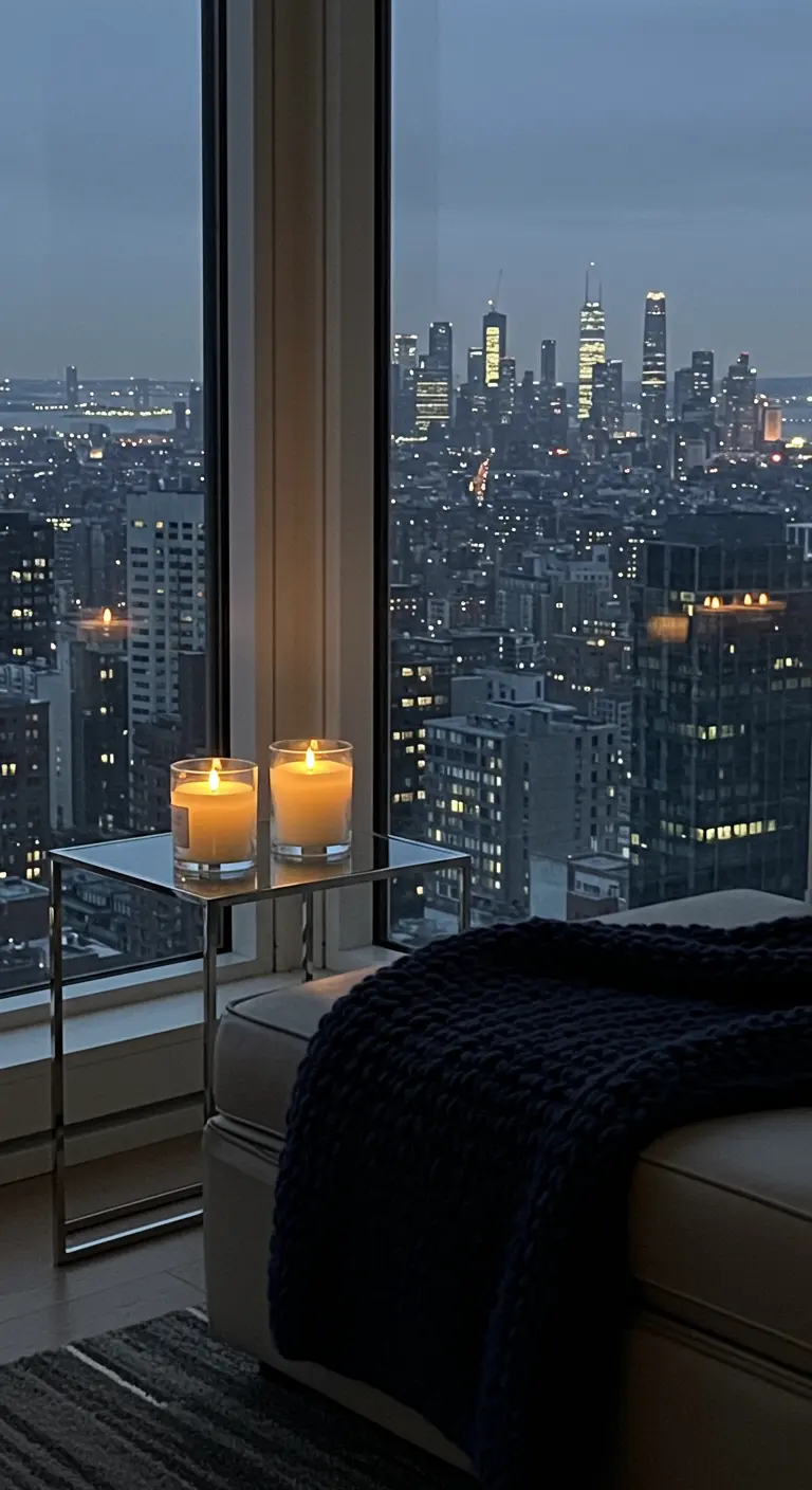 Two lit candles on a glass table overlooking a sparkling city skyline at night.