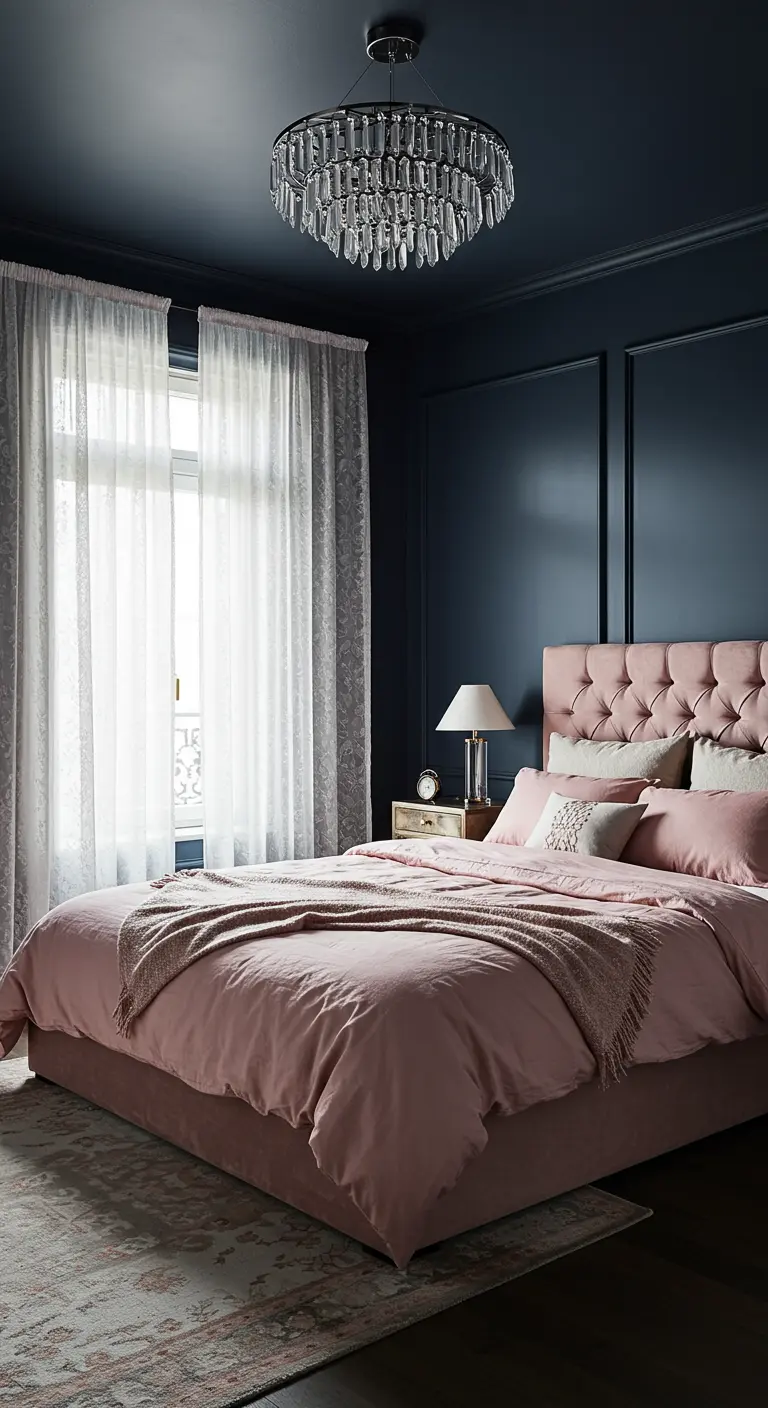 Moody bedroom with dark navy walls, a blush pink tufted bed, and sheer curtains.