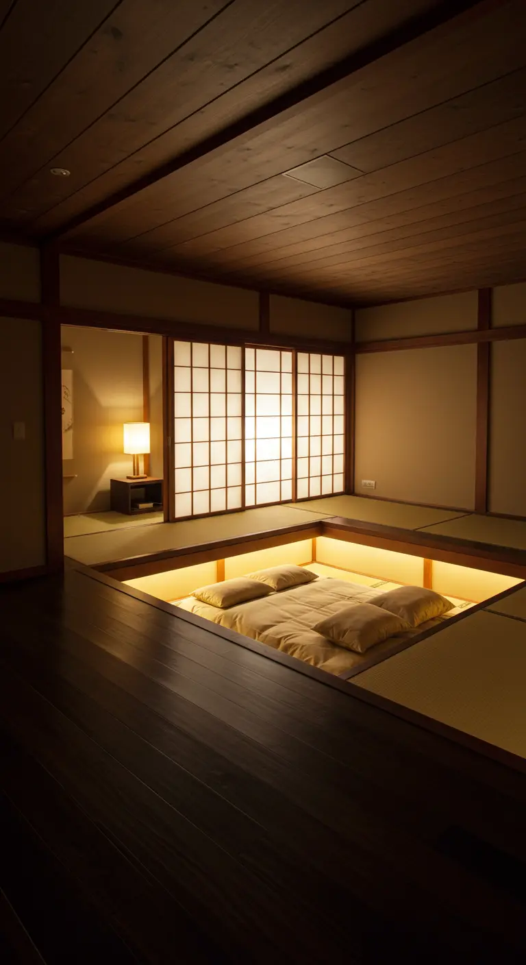 A modern bedroom with a sunken bed recessed into the floor, illuminated by soft lighting.