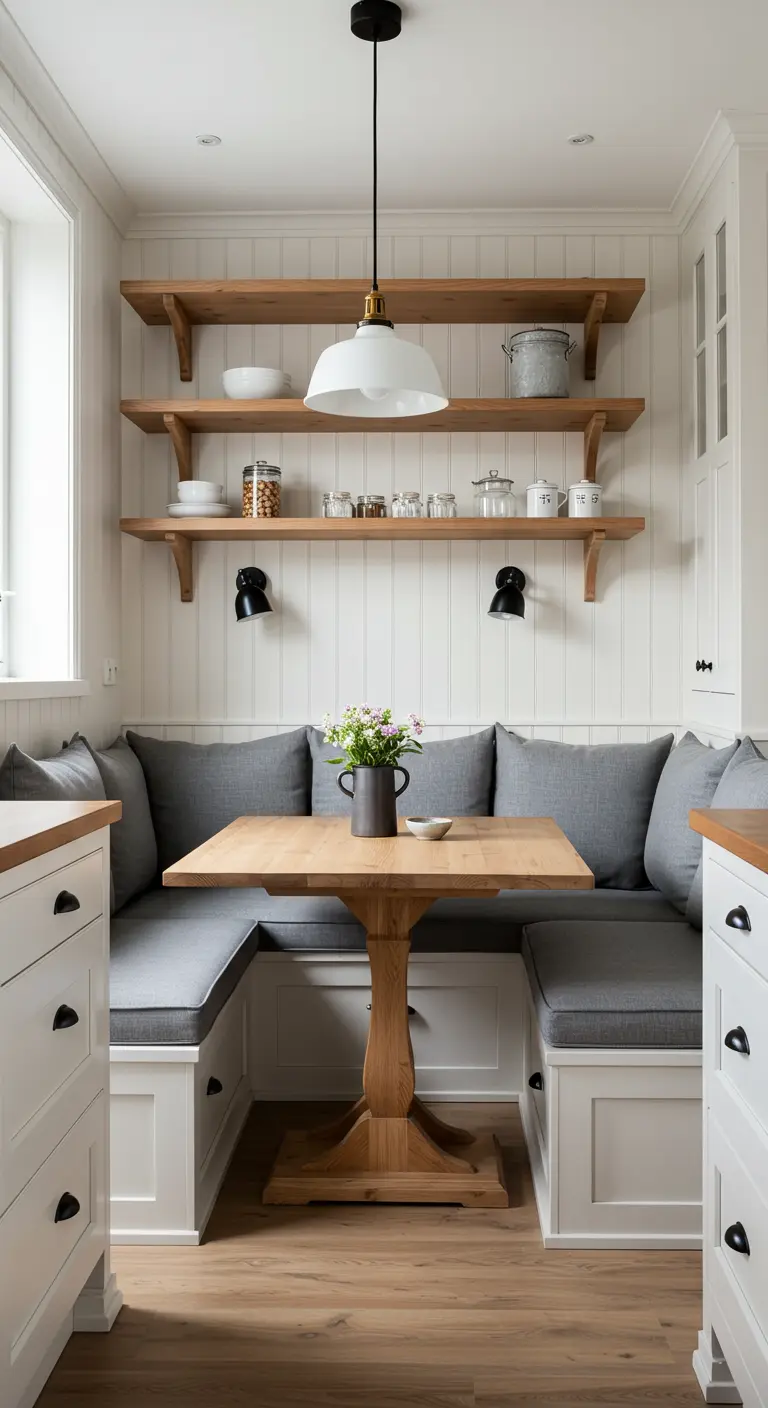 A cozy breakfast nook with a built-in grey banquette, wood table, and open shelving.