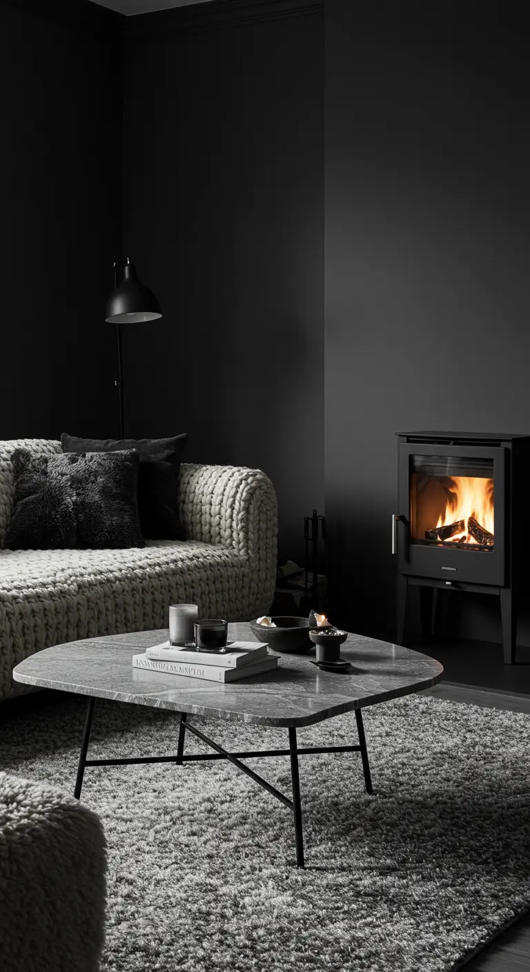 Dark, cozy living room with a chunky knit sofa, a fireplace, and a gray marble coffee table.