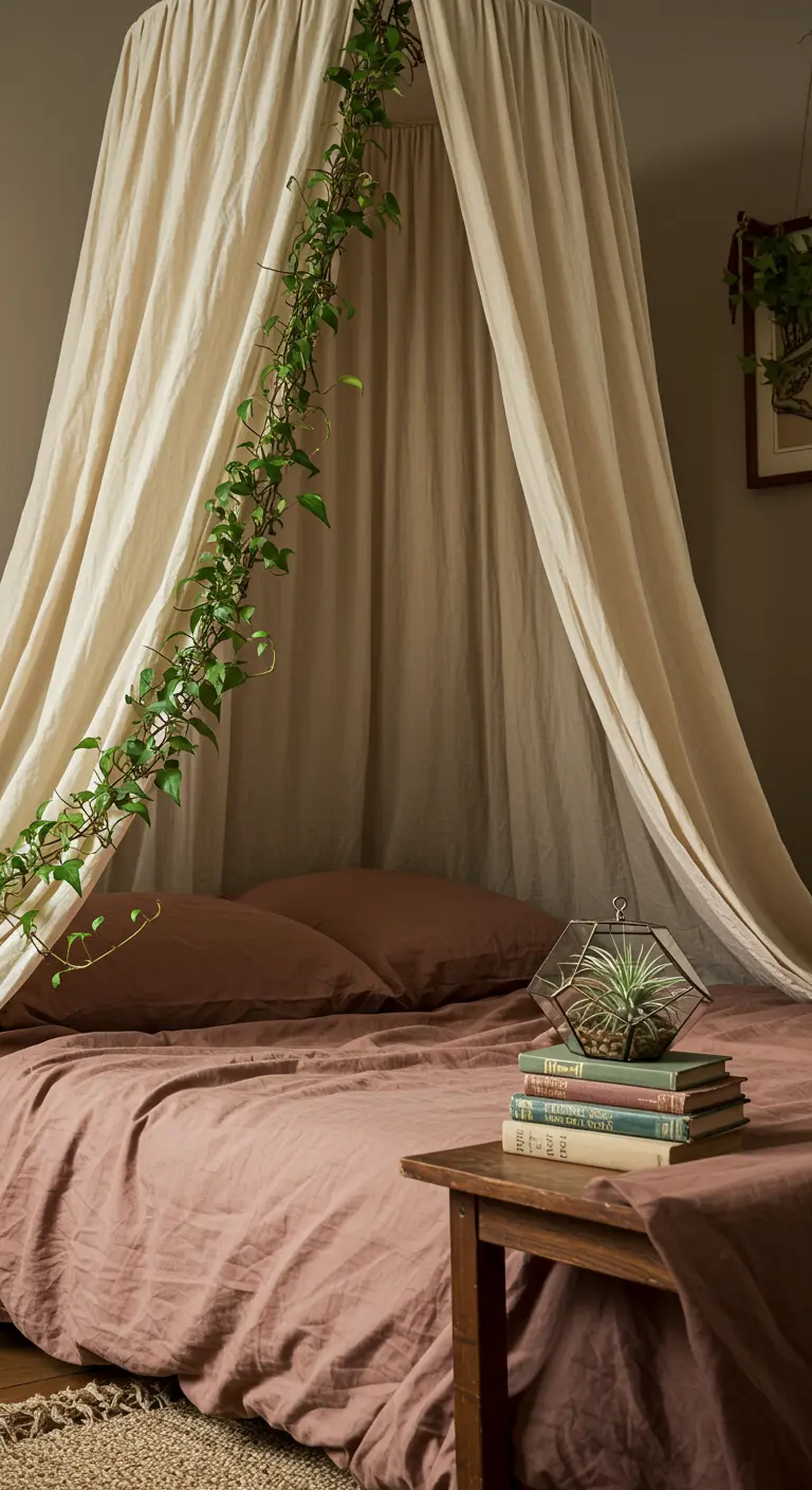 A bed with dusty rose linens and a draped beige canopy with a vine woven through it.