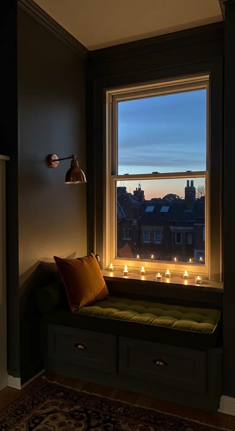 A cozy window seat with an olive velvet cushion and a rust pillow, lit by tealights.