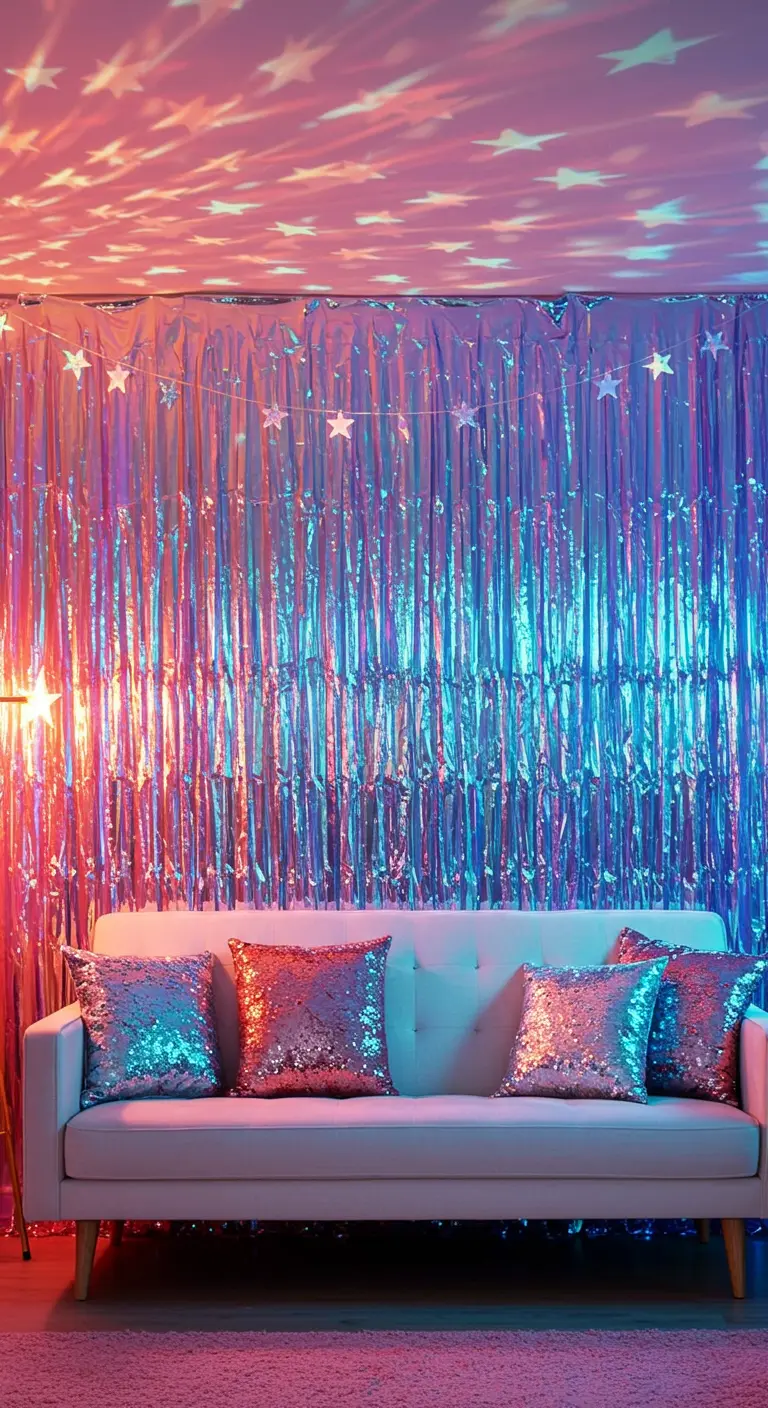 A sofa in front of an iridescent foil curtain with star projections on the ceiling.