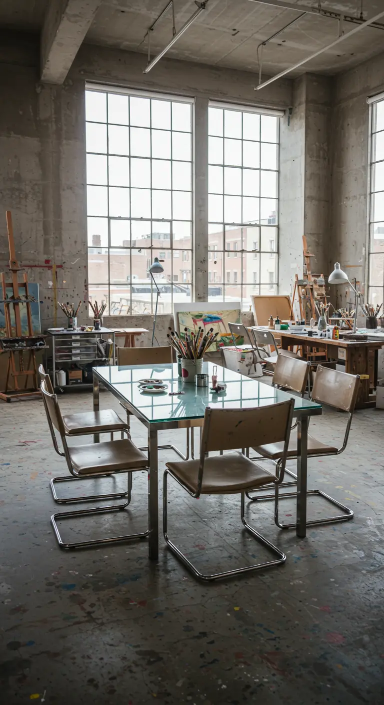 Glass dining table set up for painting in a raw industrial artist's studio.