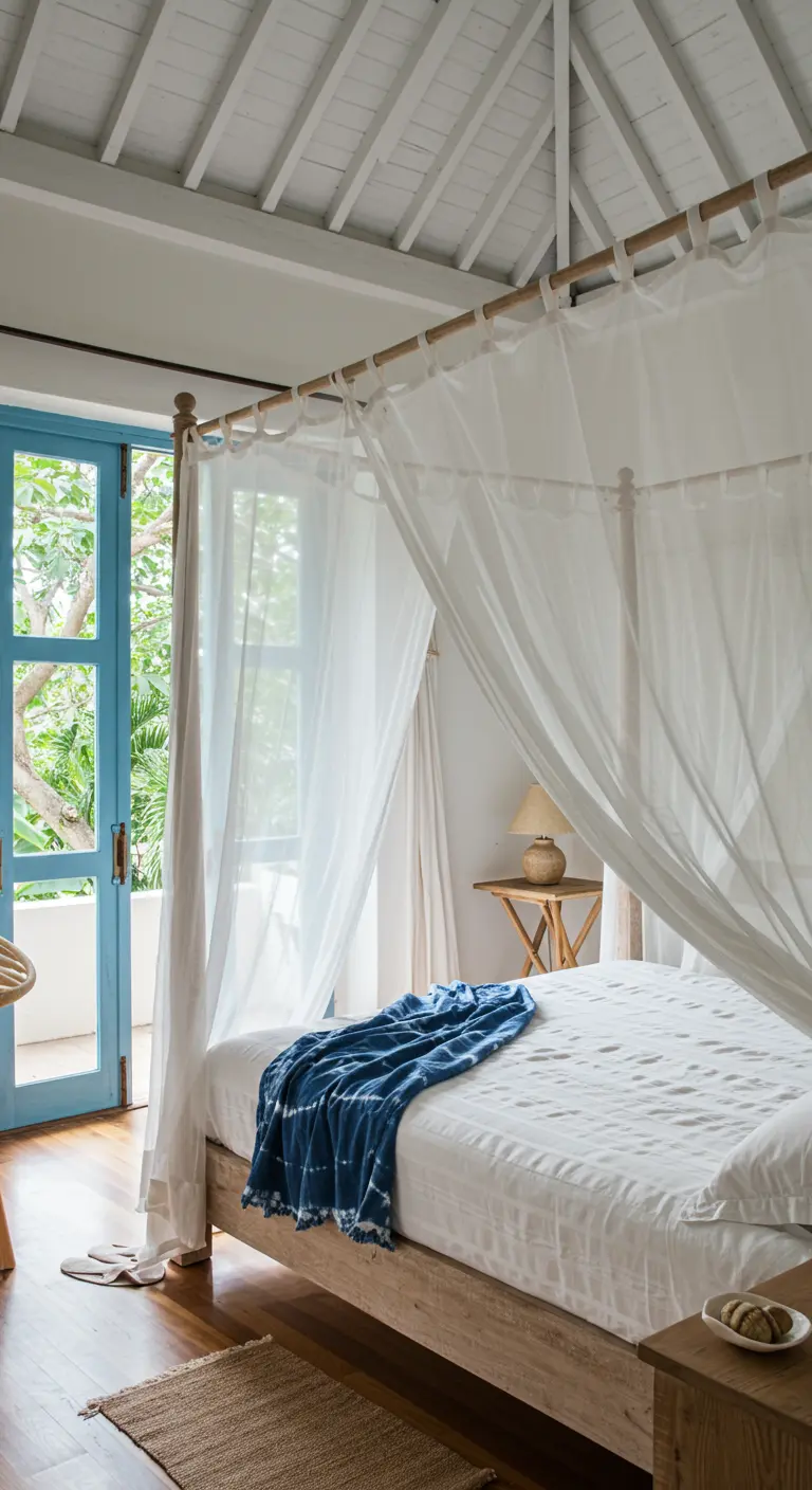 Four-poster bed with sheer white curtains in a bright, airy bedroom.
