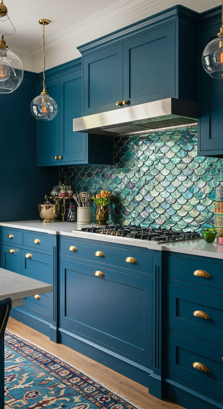 A kitchen with deep blue cabinets and a shimmering, iridescent green fish-scale tile backsplash.