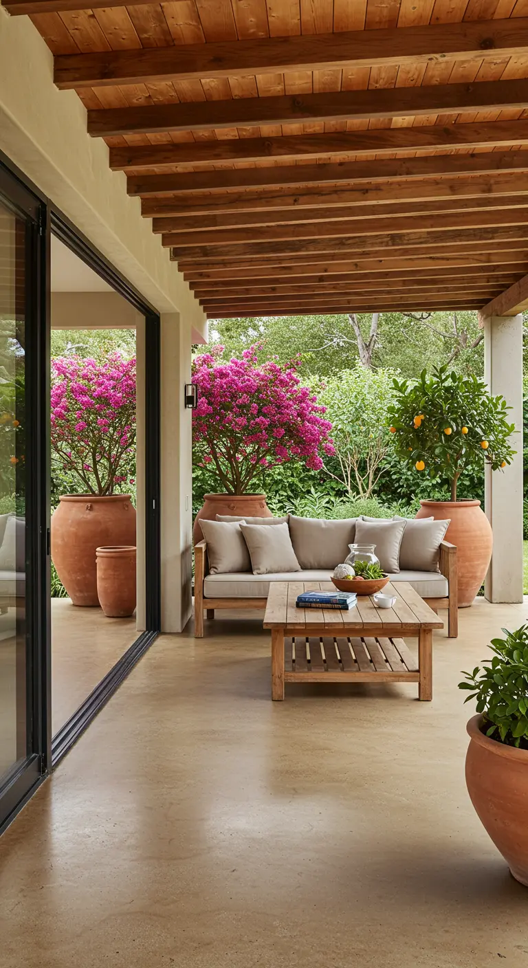 A covered patio with a wood pergola, a comfy sofa, and large terracotta pots with flowering plants.