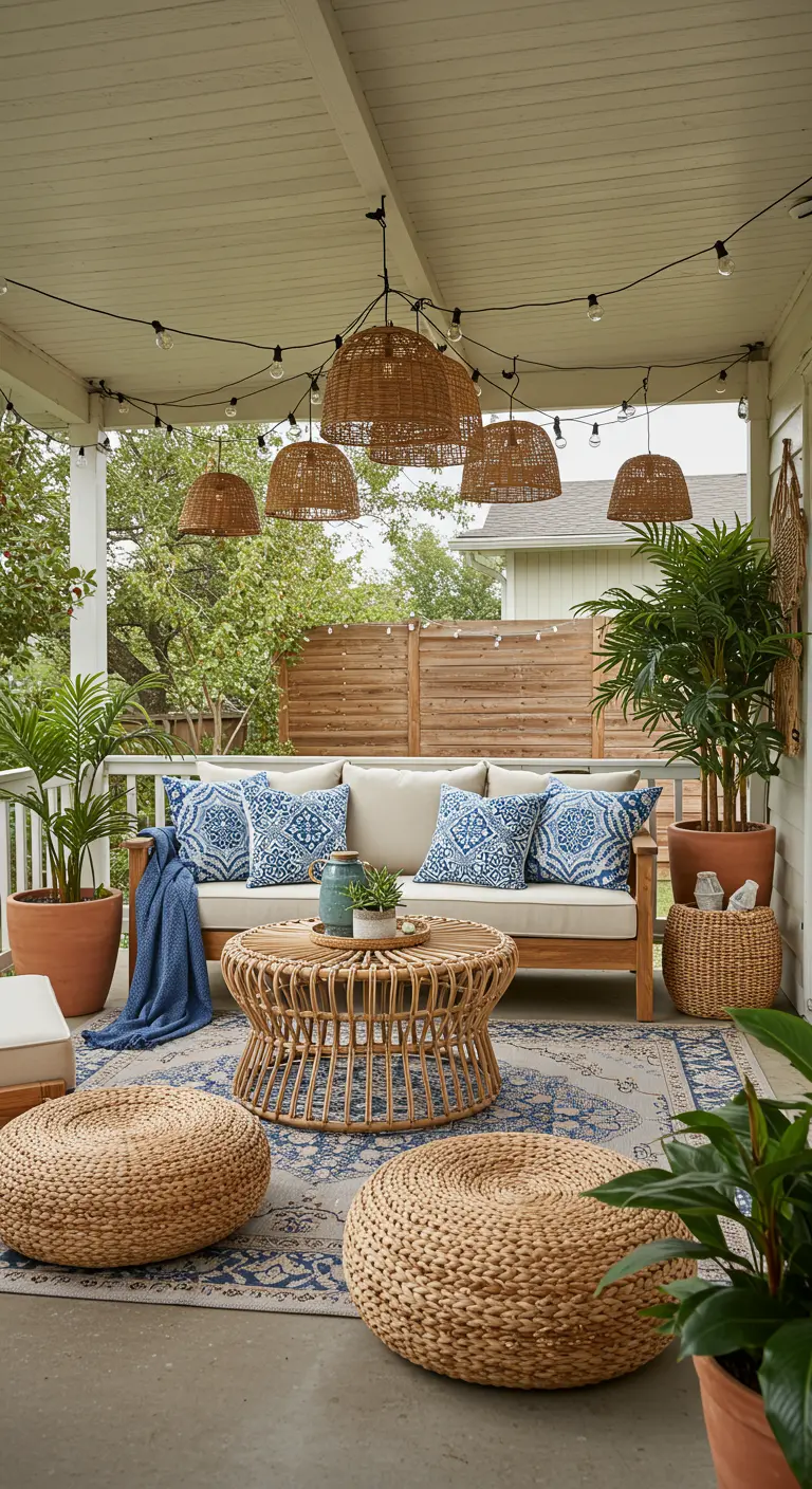Covered patio with a sofa, woven poufs, a cluster of rattan pendants, and string lights.