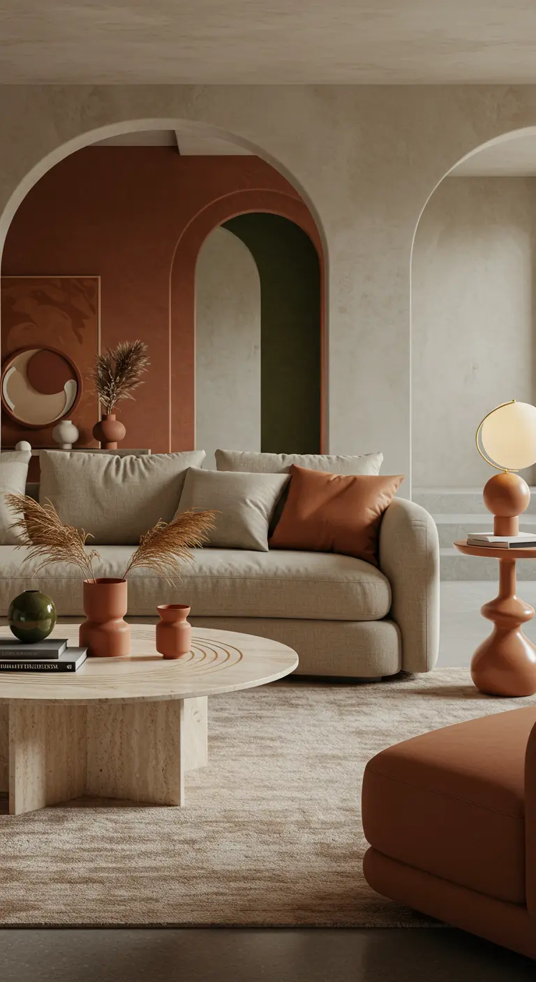 Living room with terracotta-colored arches painted on the walls behind a neutral sofa.