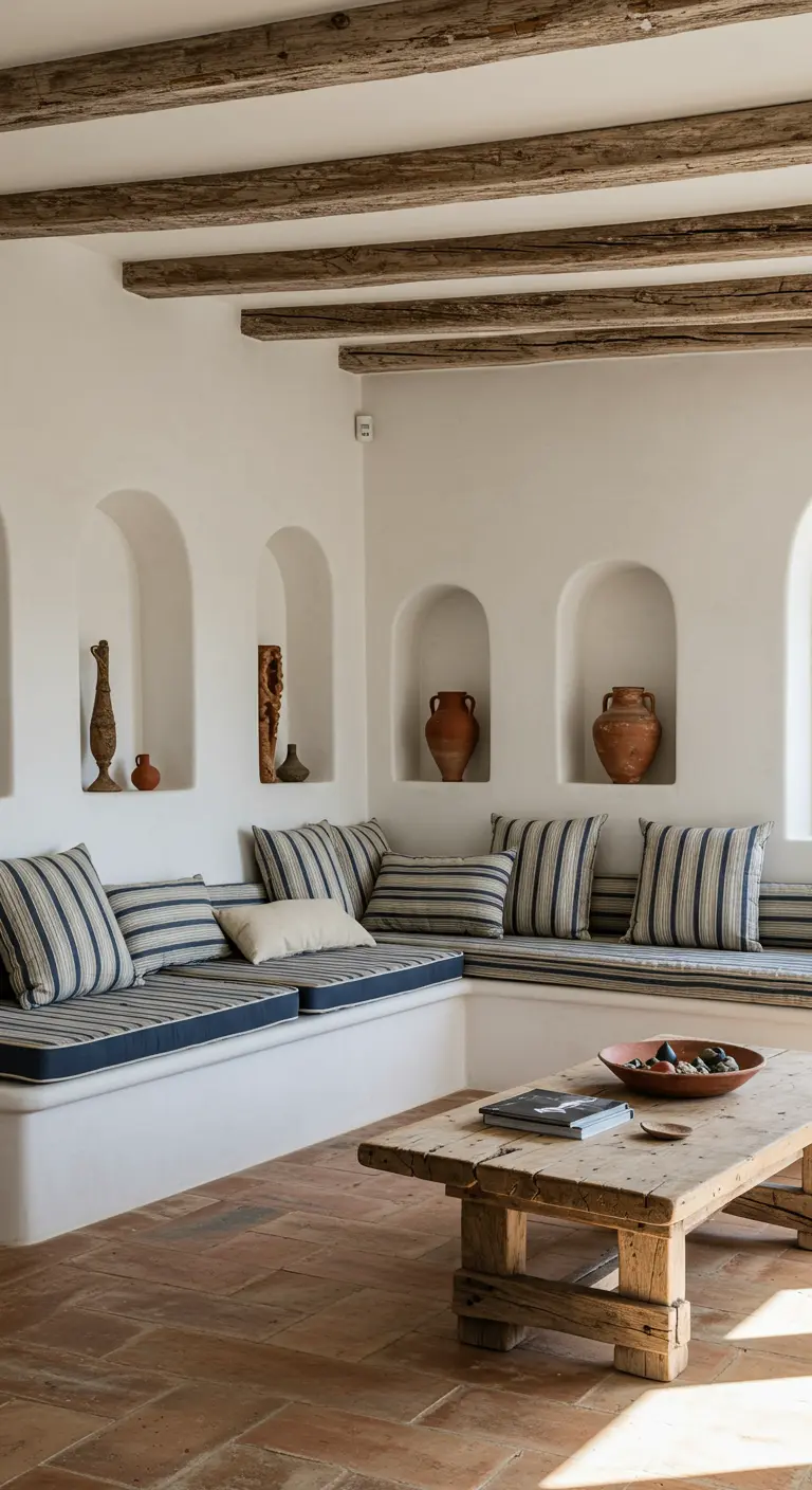 A white living room with built-in seating and arched wall niches displaying pottery.