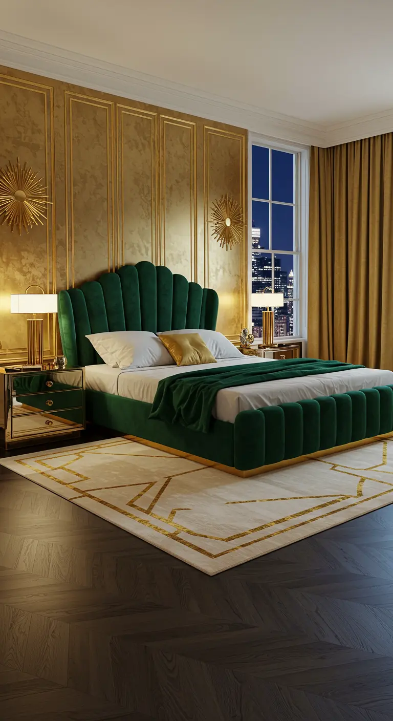 Luxe bedroom with a channel-tufted emerald green bed against a gold paneled wall.