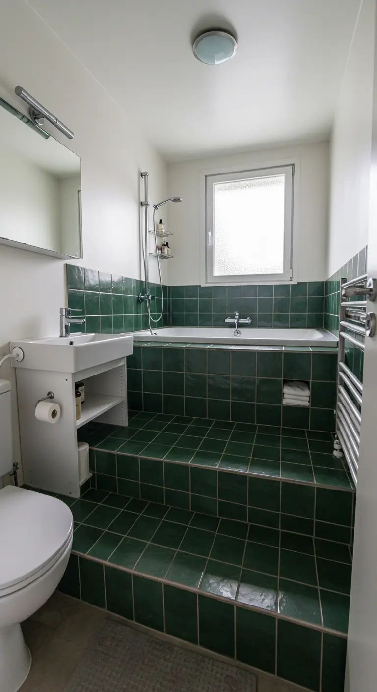 Bathroom with a tub enclosed by wide, tiered steps in dark green tile.