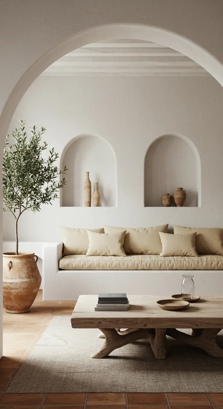 A minimalist room with arched wall niches above a built-in sofa with beige cushions.