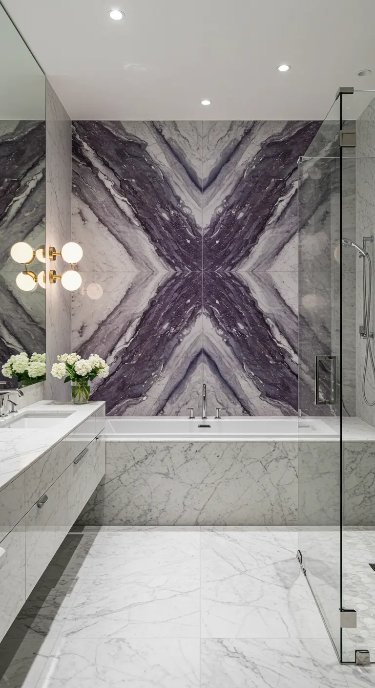 White marble bathroom with a dramatic book-matched purple and gray marble accent wall.