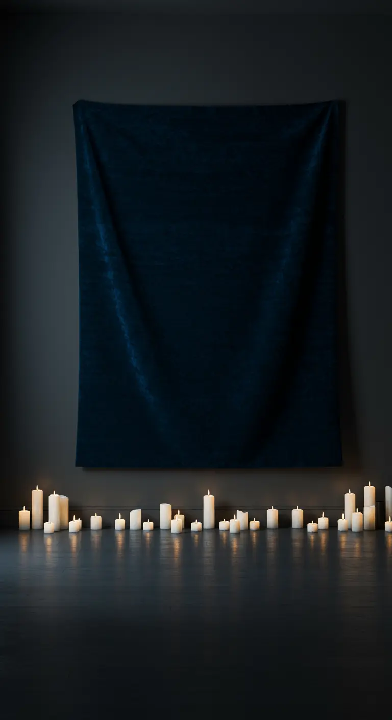 A large piece of dark navy velvet fabric is hung on a charcoal wall above a row of lit candles.