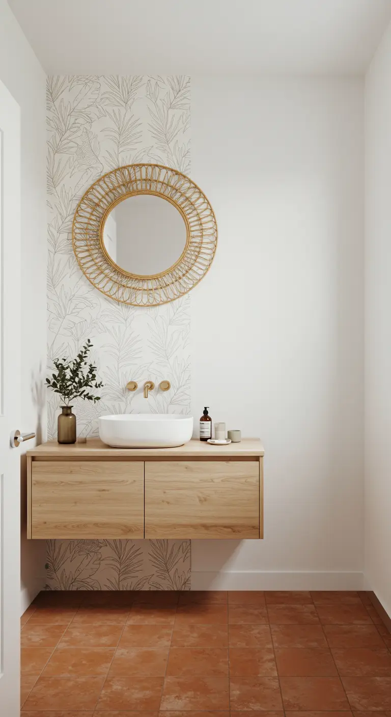 Minimalist bathroom with a partial wallpaper accent wall behind a floating wood vanity.