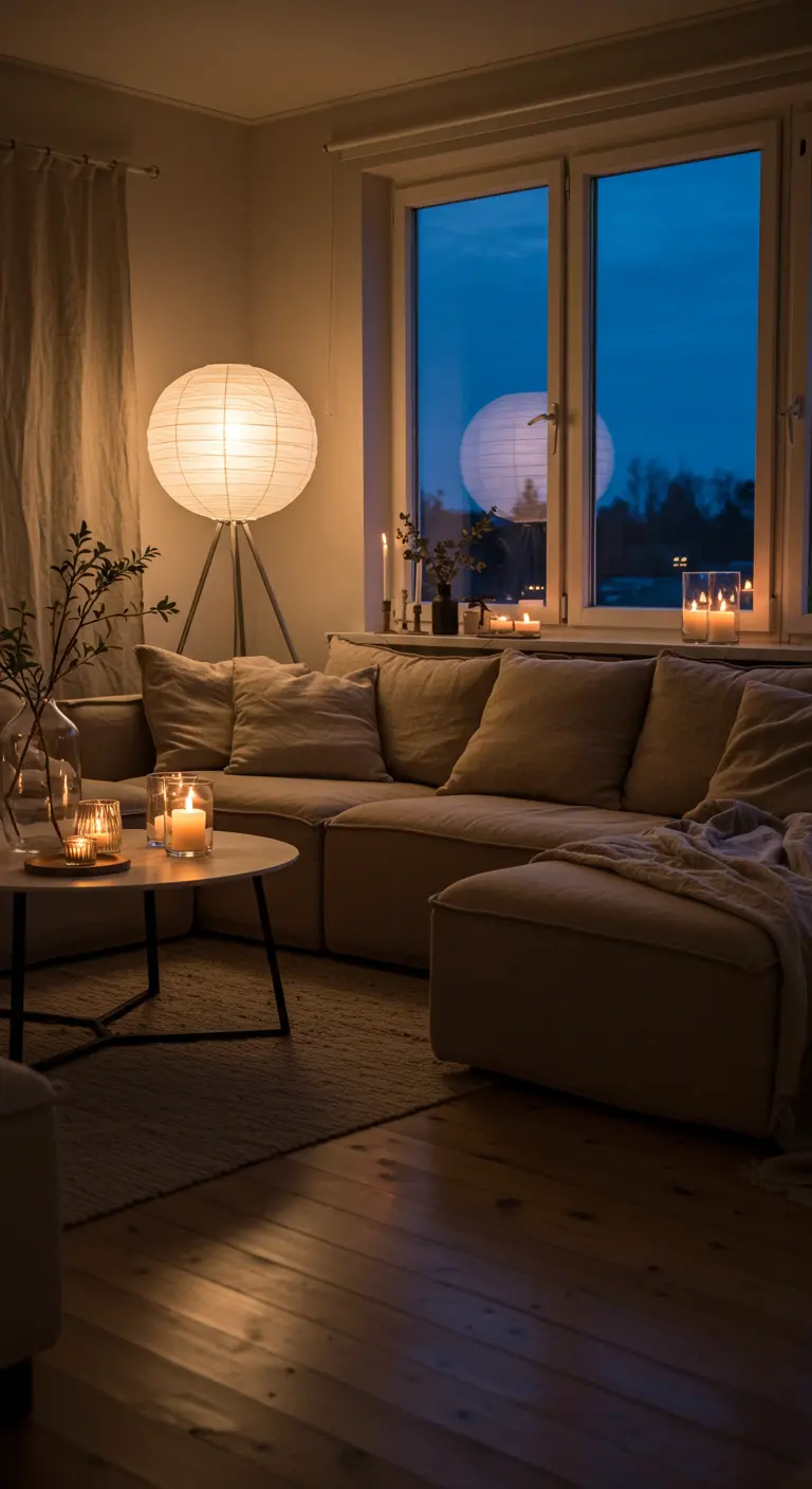 Living room at dusk with a glowing paper lantern floor lamp and candles on the coffee table.