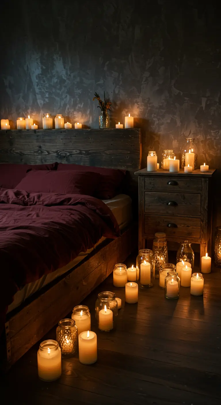A dark, moody bedroom with a reclaimed wood bed, lit by large clusters of candles.