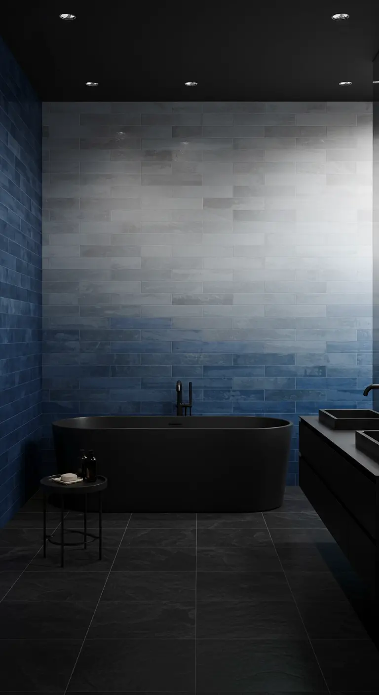 A modern bathroom with an ombre tile wall that fades from dark blue at the bottom to light grey at the top.