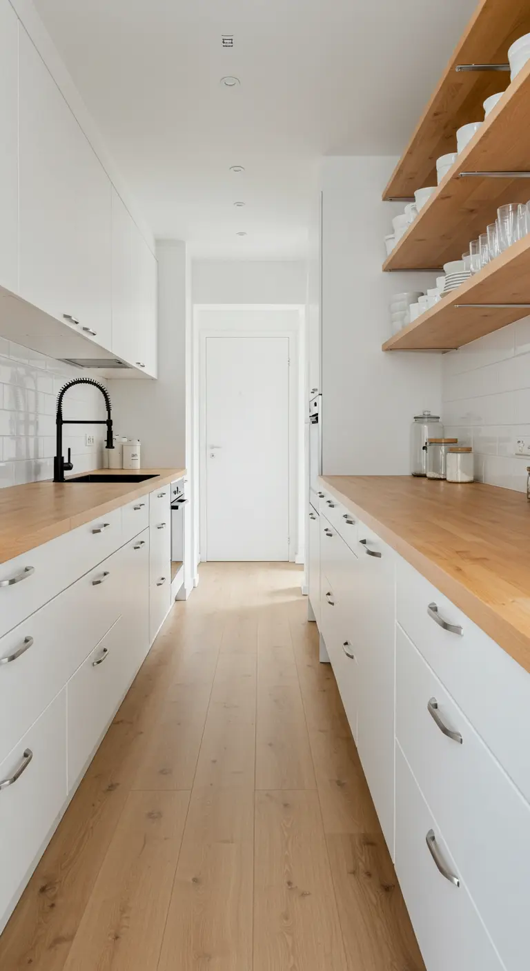 Narrow galley kitchen with white cabinets, wood countertops, and open shelving on one wall.